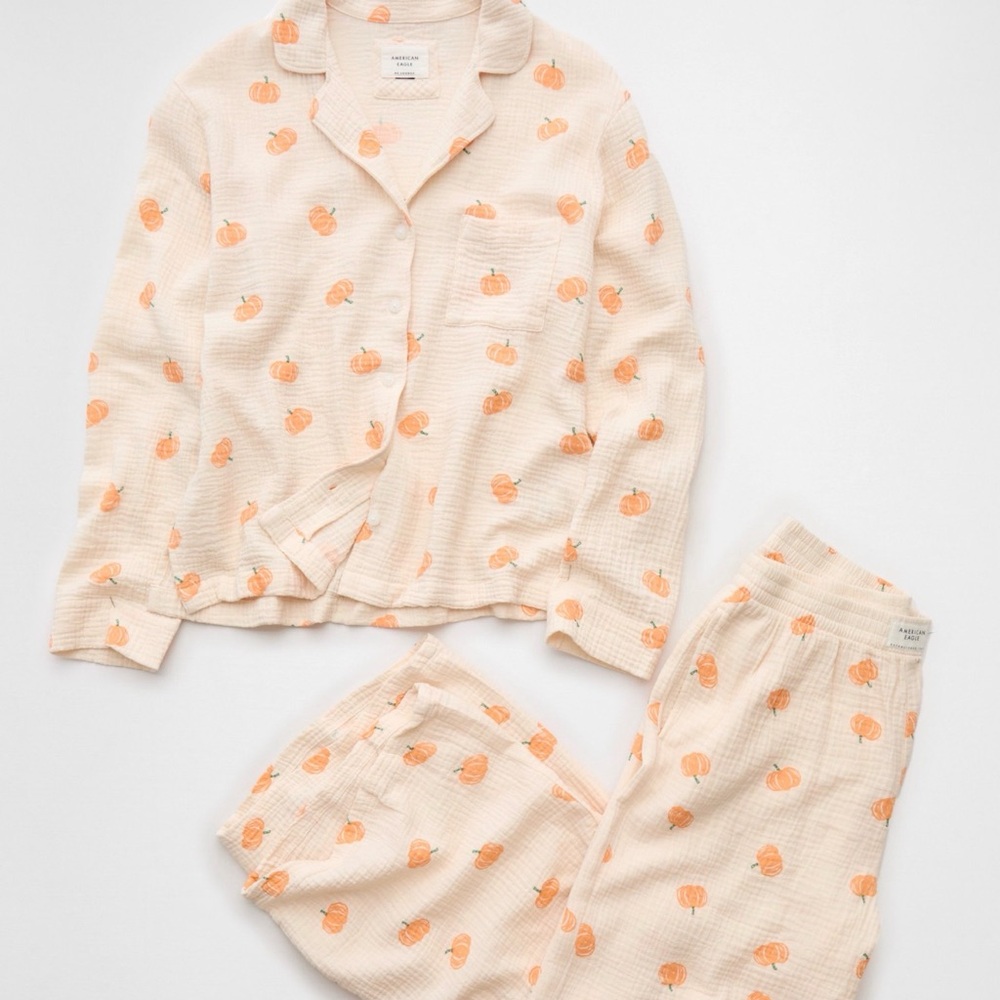 American Eagle Outfitters Cream Pajama Set with Orange Pumpkin Print